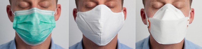 3 Bilder eines Mannes von vorne mit unterschiedlichen Maskentypen. Von links nach rechts: Stoff-Maske, OP-Maske und FFP2-Maske