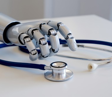 Eine silberne Roboterhand liegt auf einem weißen Tisch und hält ein Stethoskop mit blauem Schlauch.