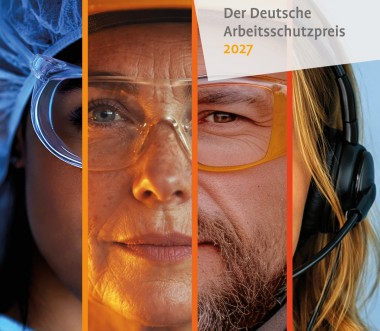 Nahaufnahme mehrerer Gesichter in vertikalen Streifen, jeweils mit Schutz- oder Arbeitsausrüstung, daneben der Schriftzug „Der Deutsche Arbeitsschutzpreis 2027“.