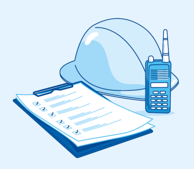 Eine Grafik mit einem Helm, einem Funkgerät und einem Notizblock.