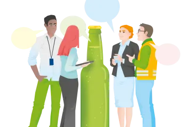 Eine Illustration zeigt eine Gruppe von Menschen, die um eine Bierflasche herumstehen und sprechen. Quelle: DGUV/KomzeptQuartier