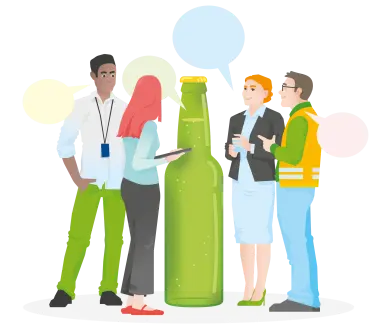 Eine Illustration zeigt eine Gruppe von Menschen, die um eine Bierflasche herumstehen und sprechen. Quelle: DGUV/KomzeptQuartier